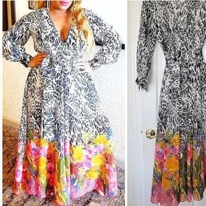 Mixed Print Maxi Dress with Floral Hem - Black & Multicolor